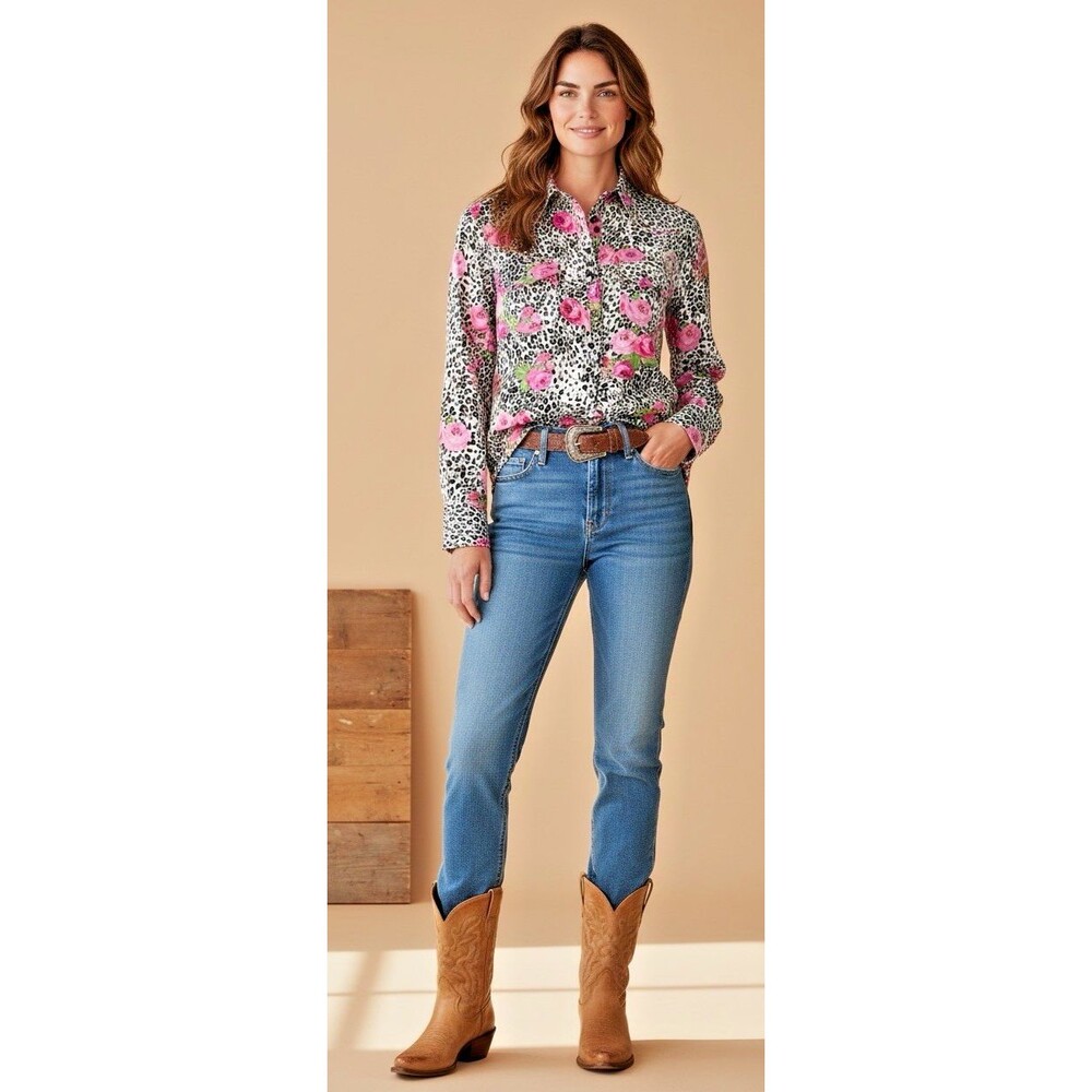 Ariat NEW womens rose animal print western inspired crystal snap long sleeve XL